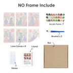 What's included without a frame: six rolled Garden Cats mini canvases, acrylic paints, three brushes and layout