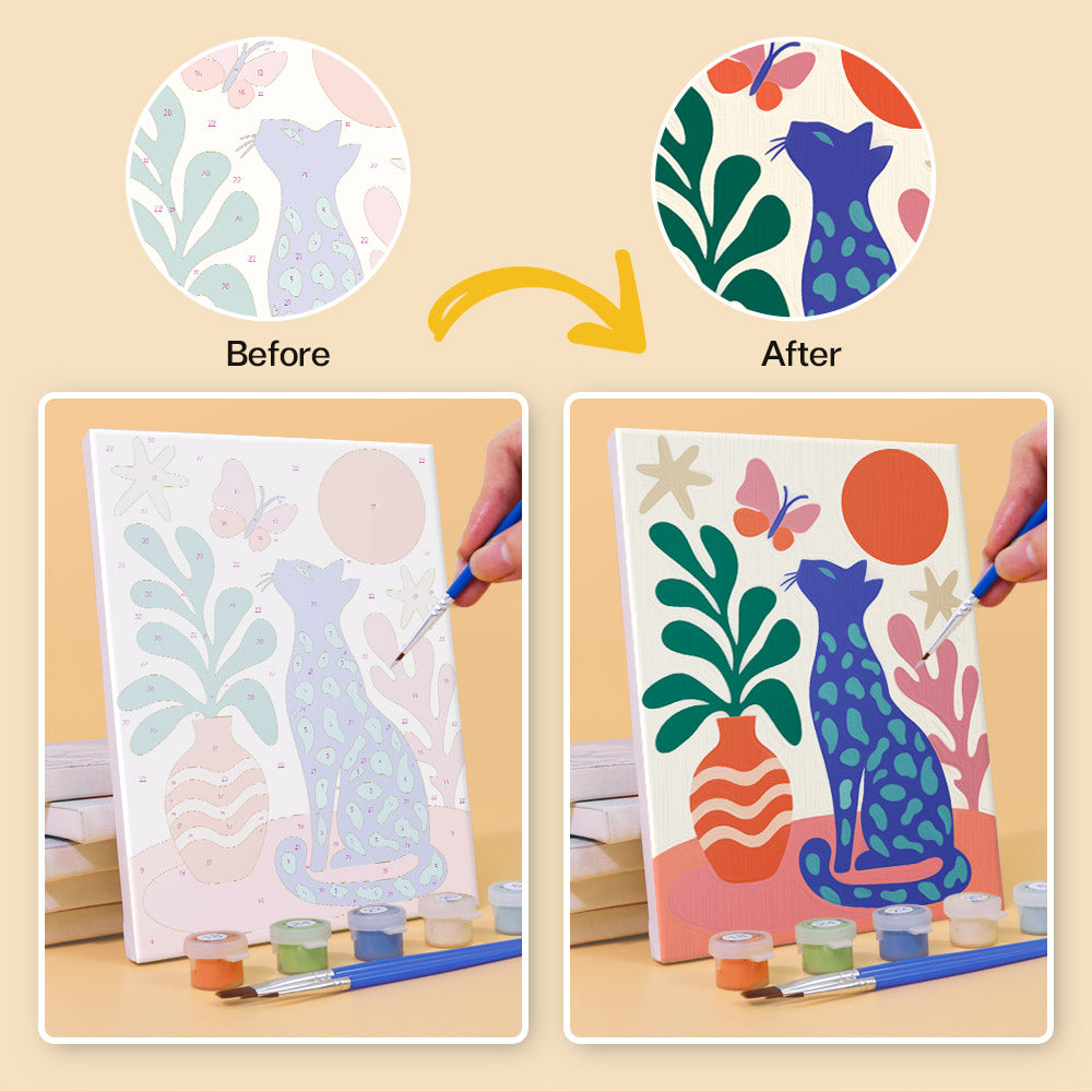 Before and after of a Garden Cats mini paint by numbers canvas