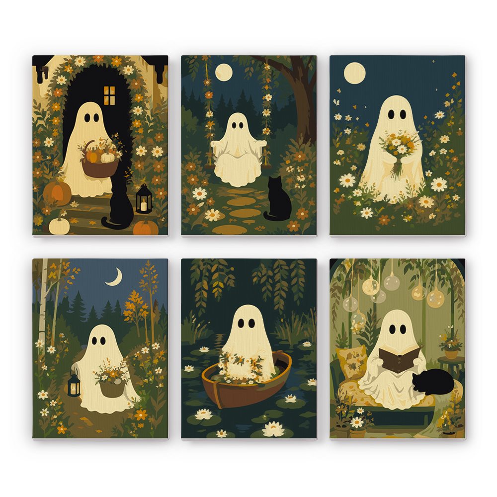 Garden Ghosts mini paint by numbers set: six cottagecore ghosts among wildflowers and dark woods with black cats and lanterns