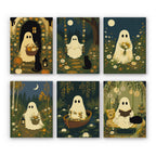 Garden Ghosts mini paint by numbers set: six cottagecore ghosts among wildflowers and dark woods with black cats and lanterns