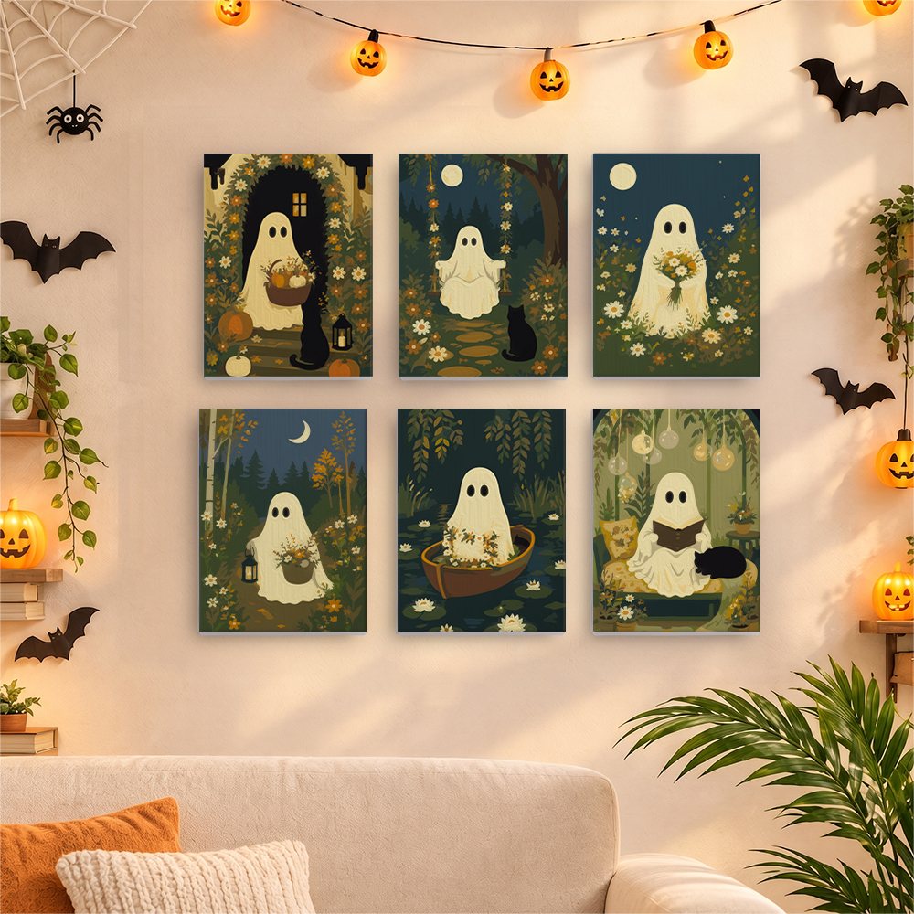 Six finished Garden Ghosts mini paintings hung on a wall above a table
