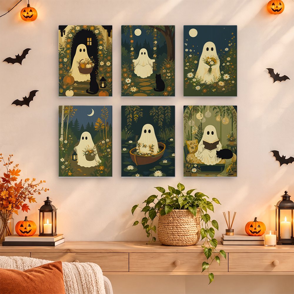 Garden Ghosts mini paintings displayed as a gallery wall in a sunny kitchen
