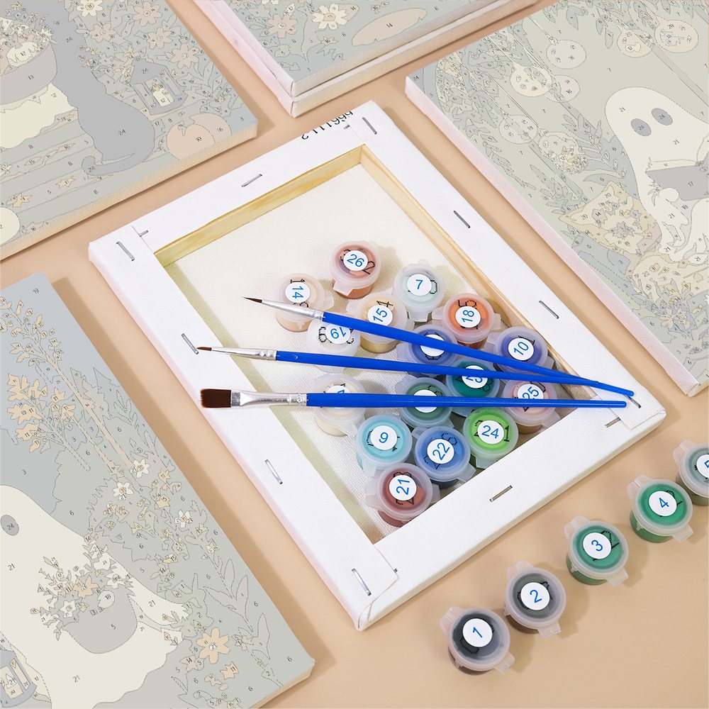 Numbered paint pots and brushes on a pre-stretched Garden Ghosts mini canvas