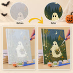 Before and after of a Garden Ghosts mini paint by numbers canvas