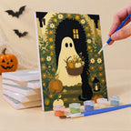 Painting a Garden Ghosts mini canvas propped up beside numbered acrylic paints