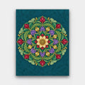 Garden Mandala paint by numbers kit of a botanical mandala of red buds, purple petals, golden pods and green leaves on teal