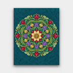 Garden Mandala paint by numbers kit of a botanical mandala of red buds, purple petals, golden pods and green leaves on teal