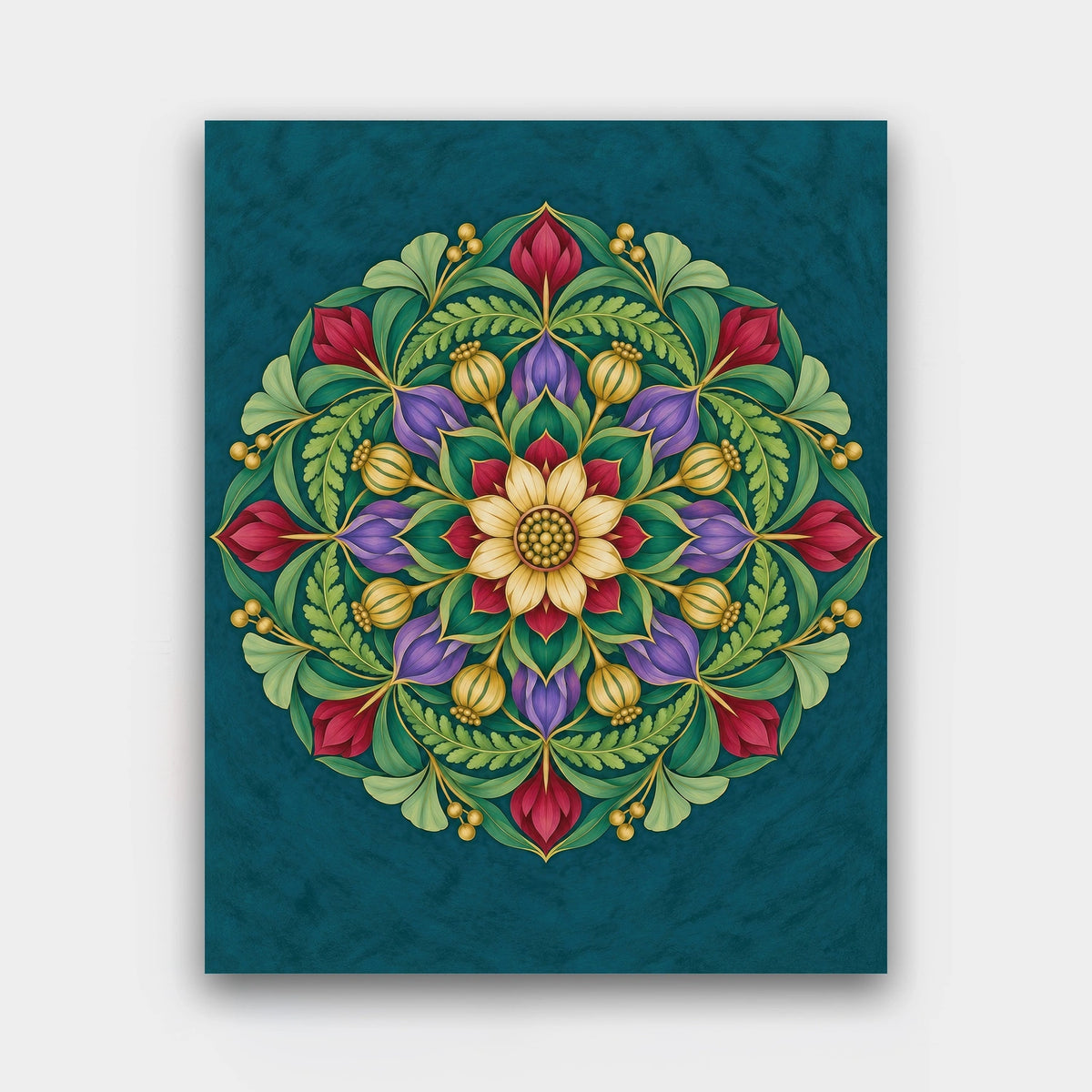 Garden Mandala paint by numbers kit of a botanical mandala of red buds, purple petals, golden pods and green leaves on teal