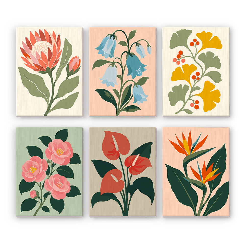 Garden Specimens mini paint by numbers set: six designs of protea, bluebells, ginkgo, camellias, anthurium and bird of paradise