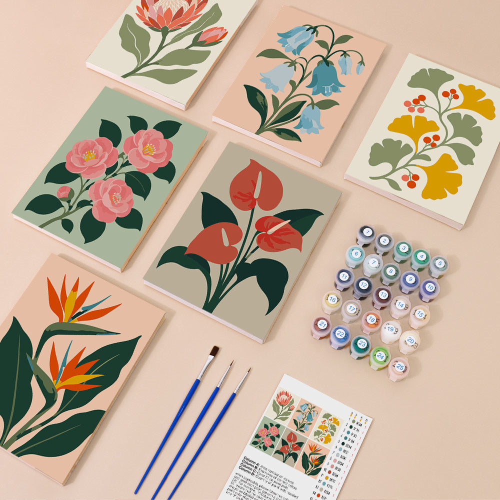 Garden Specimens mini paint by numbers kit with six numbered canvases, acrylic paints, brushes and layout