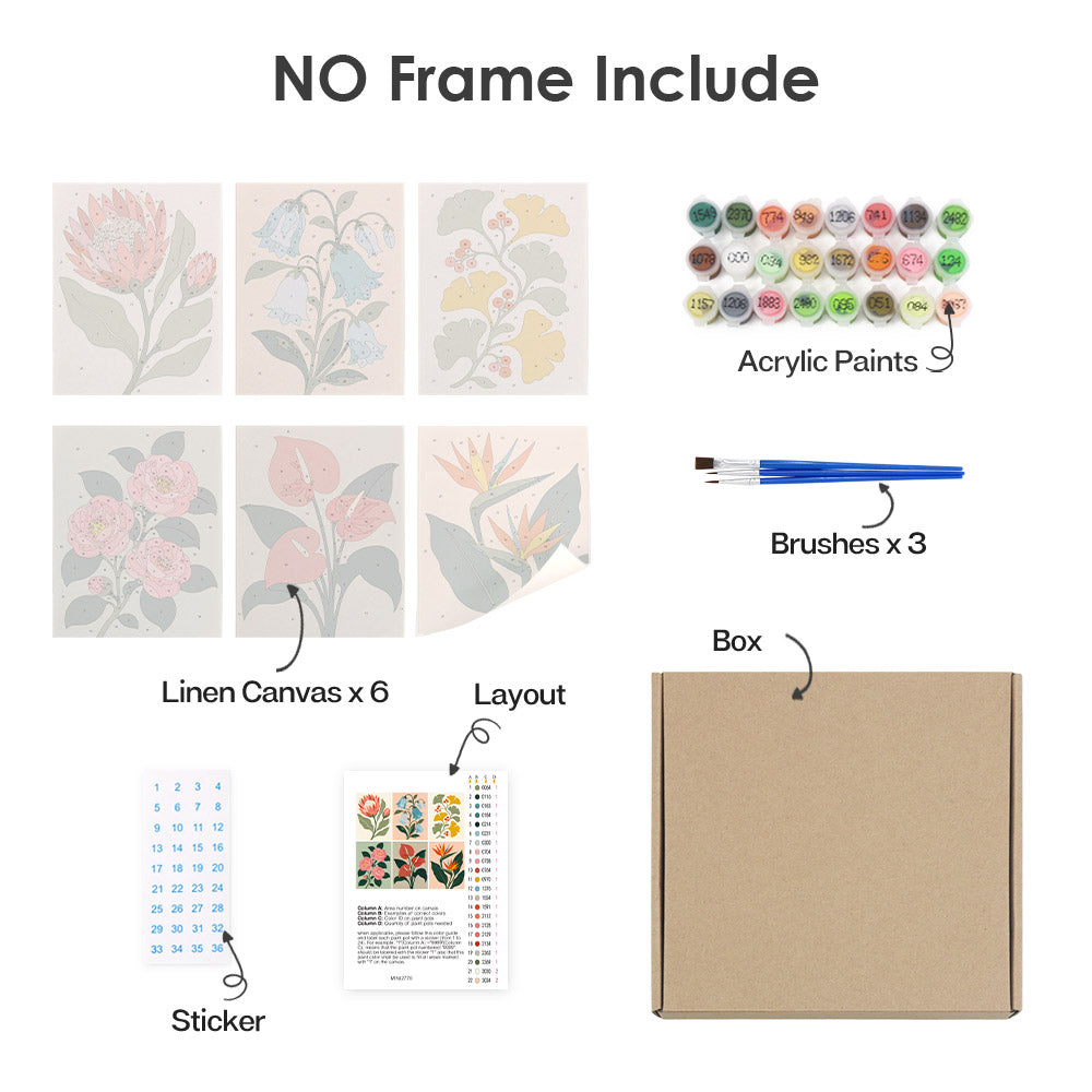 What's included without a frame: six rolled Garden Specimens mini canvases, acrylic paints, three brushes and layout
