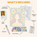 What's included in the Gentle Soul paint by numbers kit: numbered linen canvas, reference sheet, color guide, 24 acrylic paints, 3 brushes and thank you card