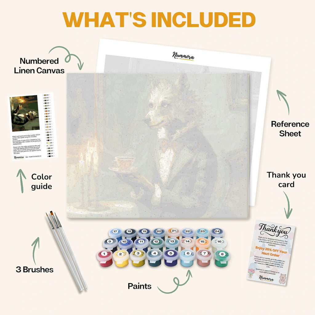 What's included in the Gentleman of the Night paint by numbers kit: numbered linen canvas, reference sheet, color guide, 24 acrylic paints, 3 brushes and thank you card