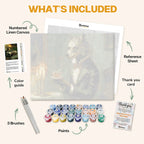 What's included in the Gentleman of the Night paint by numbers kit: numbered linen canvas, reference sheet, color guide, 24 acrylic paints, 3 brushes and thank you card