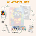 What's included in the Gentleman Parrot paint by numbers kit: numbered linen canvas, reference sheet, color guide, 24 acrylic paints, 3 brushes and thank you card