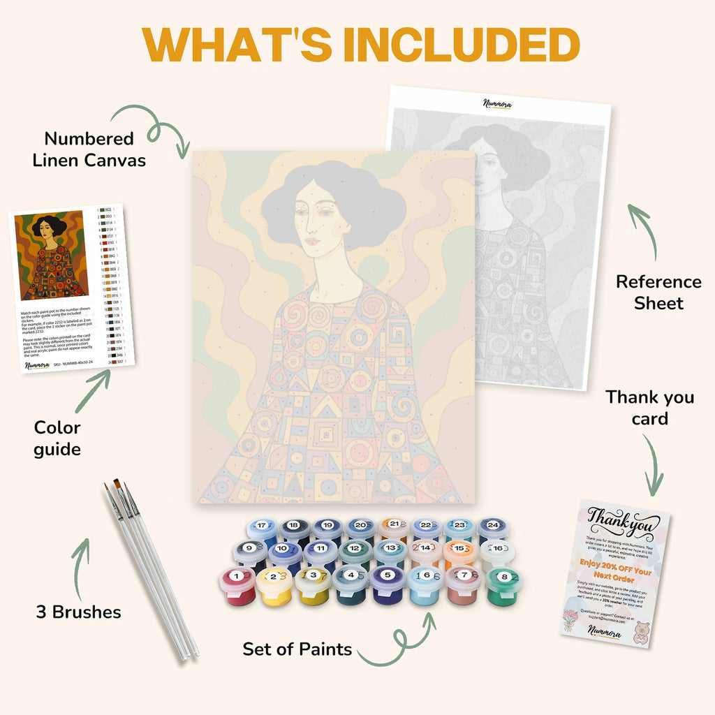 What's included in the Geometric Dress paint by numbers kit: numbered linen canvas, reference sheet, color guide, 24 acrylic paints, 3 brushes and thank you card
