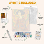 What's included in the Geometric Dress paint by numbers kit: numbered linen canvas, reference sheet, color guide, 24 acrylic paints, 3 brushes and thank you card