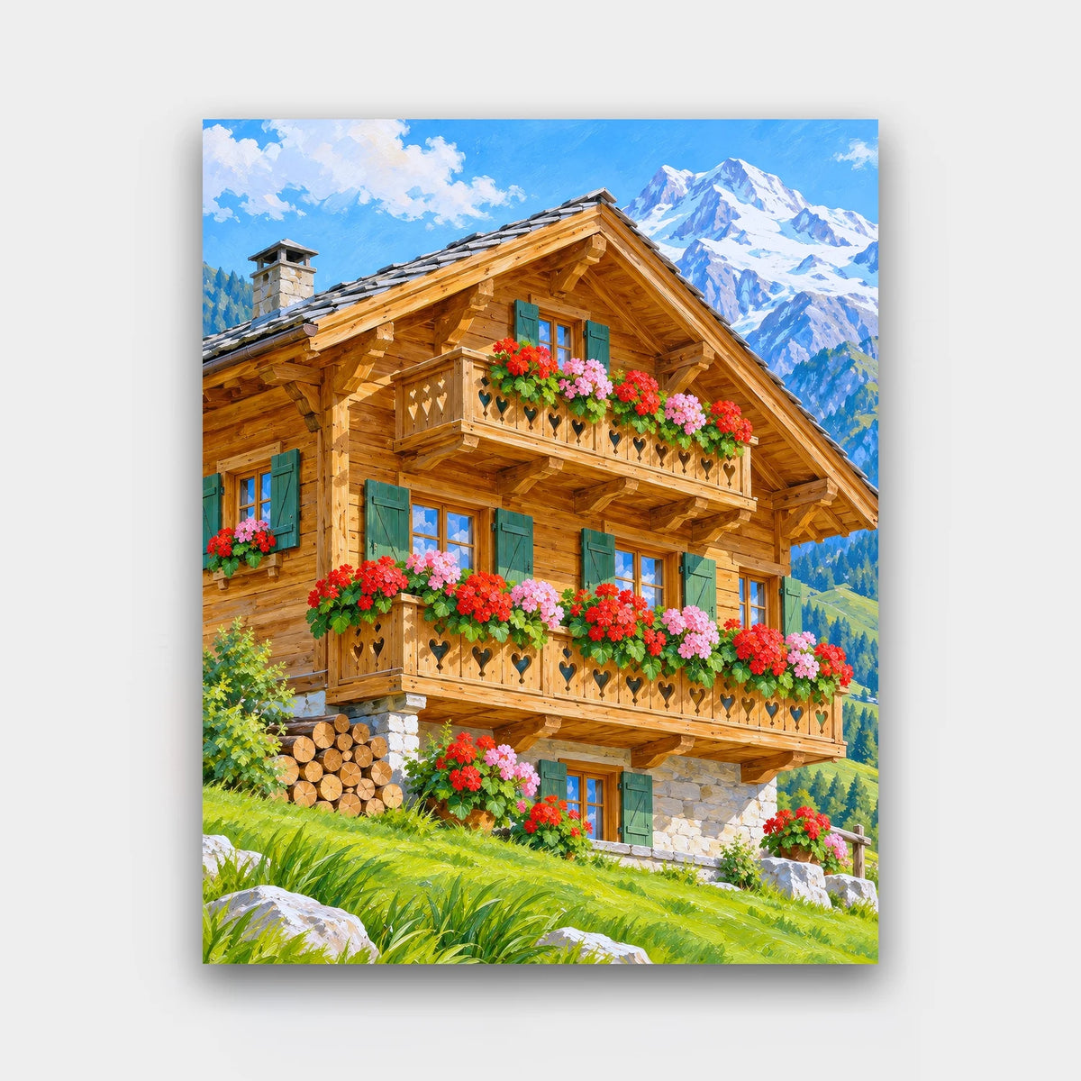 Geranium Chalet paint by numbers kit of a wooden mountain chalet with balconies full of red and pink geraniums below a snowy peak