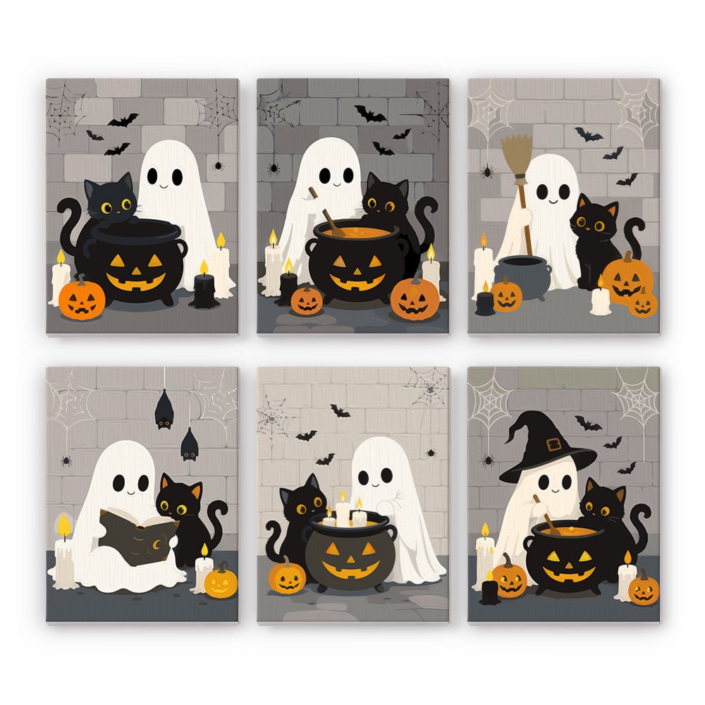 Ghostly Cauldrons mini paint by numbers set: six scenes of ghosts and black cats around jack-o'-lantern cauldrons on gray stone walls