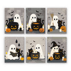 Ghostly Cauldrons mini paint by numbers set: six scenes of ghosts and black cats around jack-o'-lantern cauldrons on gray stone walls