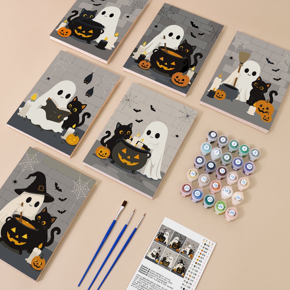 Ghostly Cauldrons mini paint by numbers kit with six numbered canvases, acrylic paints, brushes and layout