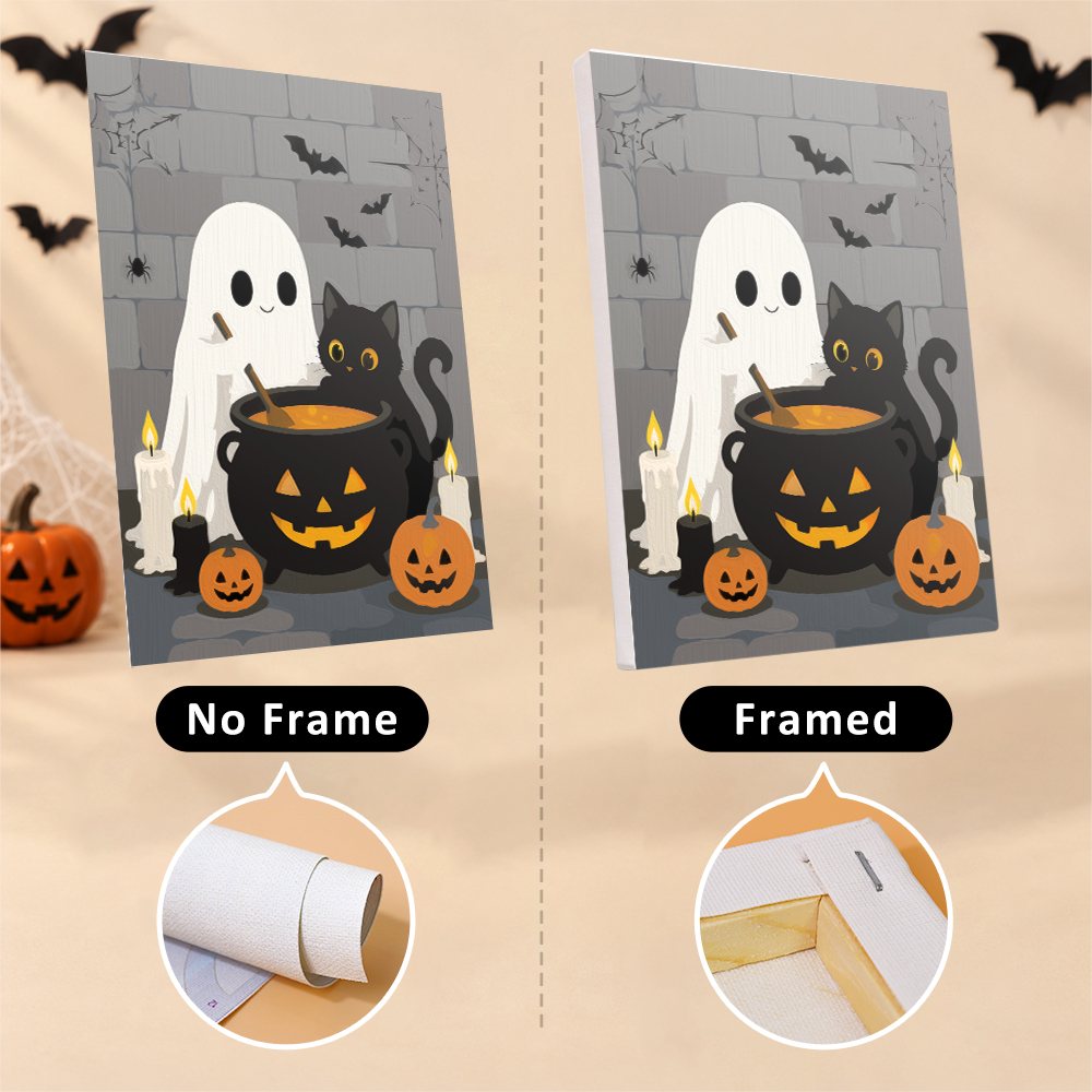 Ghostly Cauldrons mini canvas shown rolled without a frame and pre-stretched on a frame