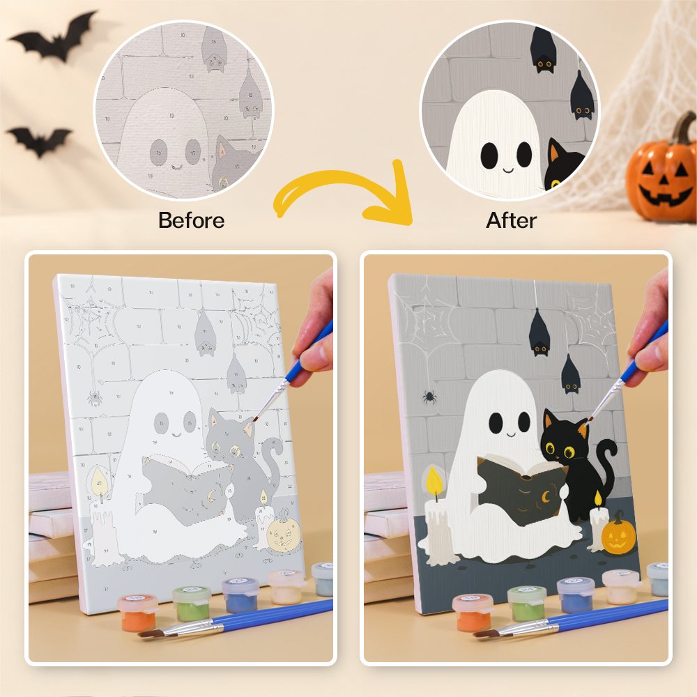 Before and after of a Ghostly Cauldrons mini paint by numbers canvas