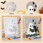 Before and after of a Ghostly Cauldrons mini paint by numbers canvas