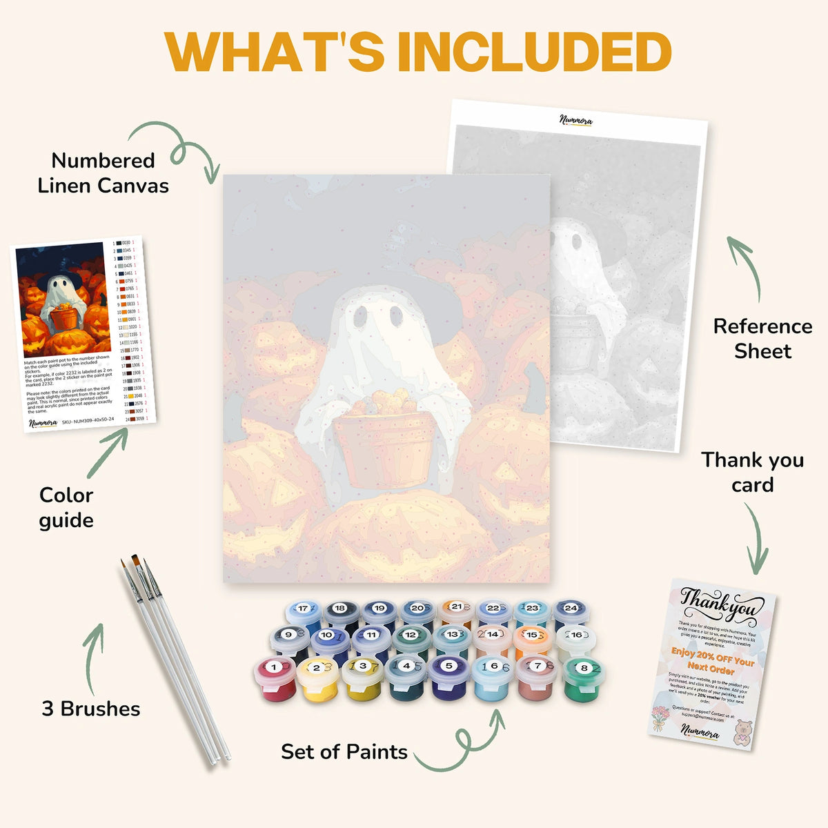 What's included in the Ghostly Sweet Haul paint by numbers kit: numbered linen canvas, reference sheet, color guide, 24 acrylic paints, 3 brushes and thank you card