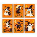 Ghosts in Witch Hats mini paint by numbers set: six happy witch-hat ghosts and black cats on bright orange with jack-o'-lanterns, bats and crescent moons