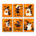 Ghosts in Witch Hats mini paint by numbers set: six happy witch-hat ghosts and black cats on bright orange with jack-o'-lanterns, bats and crescent moons