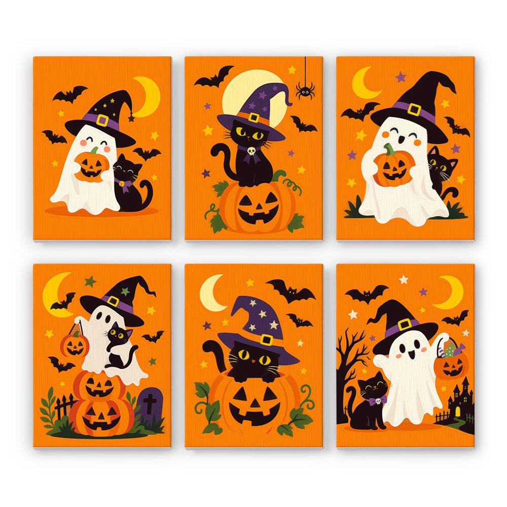 Ghosts in Witch Hats mini paint by numbers set: six happy witch-hat ghosts and black cats on bright orange with jack-o'-lanterns, bats and crescent moons