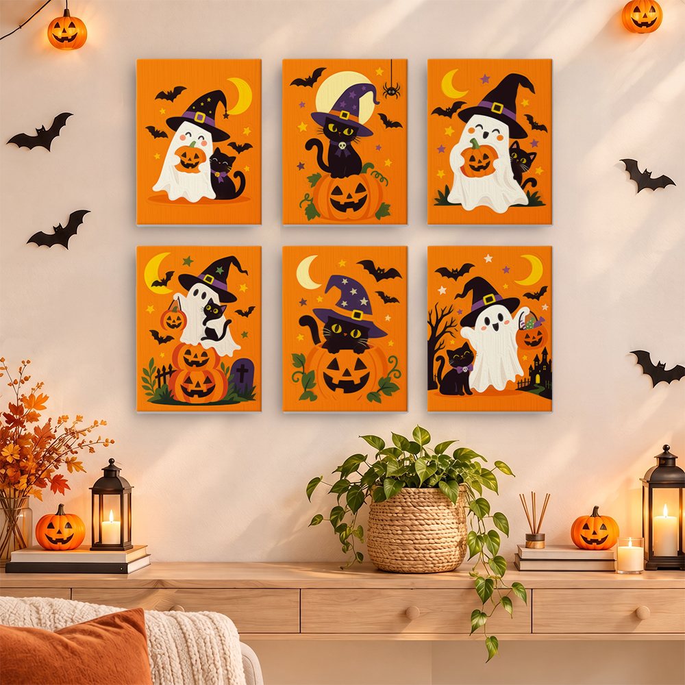 Ghosts in Witch Hats mini paintings displayed as a gallery wall in a sunny kitchen