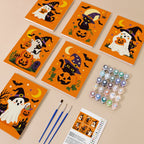 Ghosts in Witch Hats mini paint by numbers kit with six numbered canvases, acrylic paints, brushes and layout