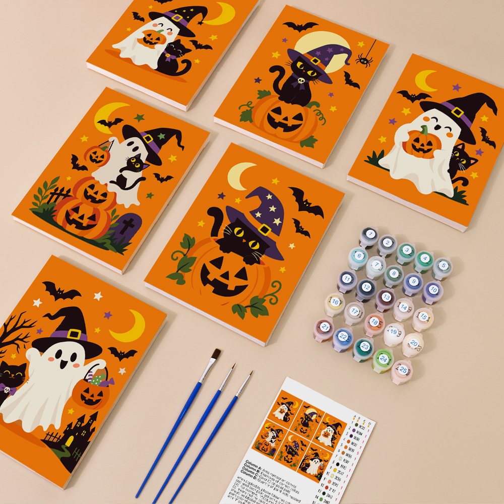 Ghosts in Witch Hats mini paint by numbers kit with six numbered canvases, acrylic paints, brushes and layout