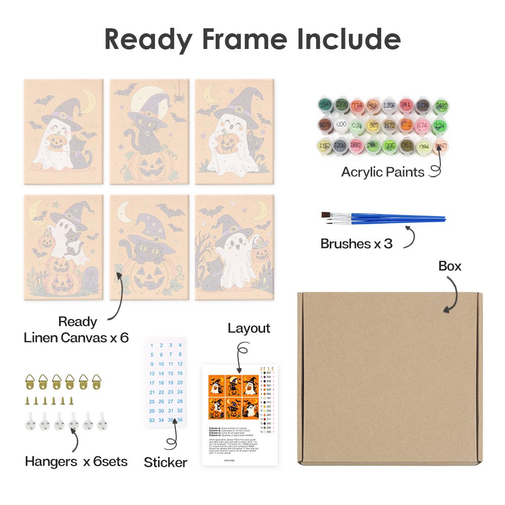 What's included pre-stretched on frame: six framed Ghosts in Witch Hats mini canvases, paints, three brushes, hangers and layout