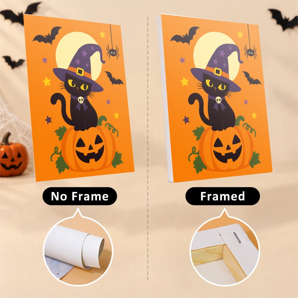 Ghosts in Witch Hats mini canvas shown rolled without a frame and pre-stretched on a frame