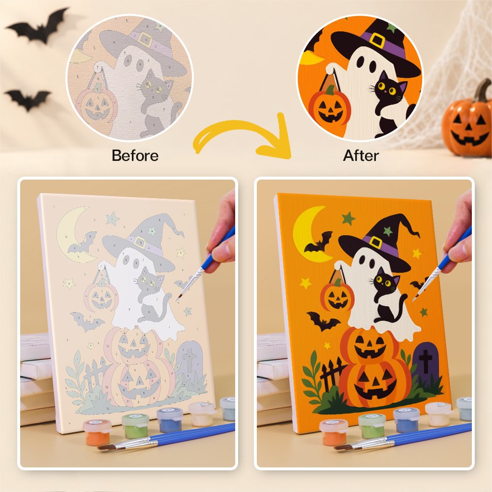 Before and after of a Ghosts in Witch Hats mini paint by numbers canvas