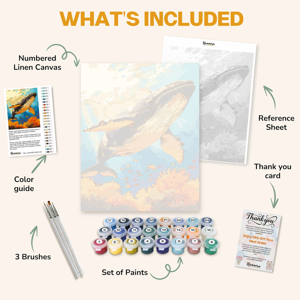 What's included in the Giant of the Ocean paint by numbers kit: numbered linen canvas, reference sheet, color guide, 24 acrylic paints, 3 brushes and thank you card