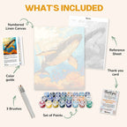 What's included in the Giant of the Ocean paint by numbers kit: numbered linen canvas, reference sheet, color guide, 24 acrylic paints, 3 brushes and thank you card