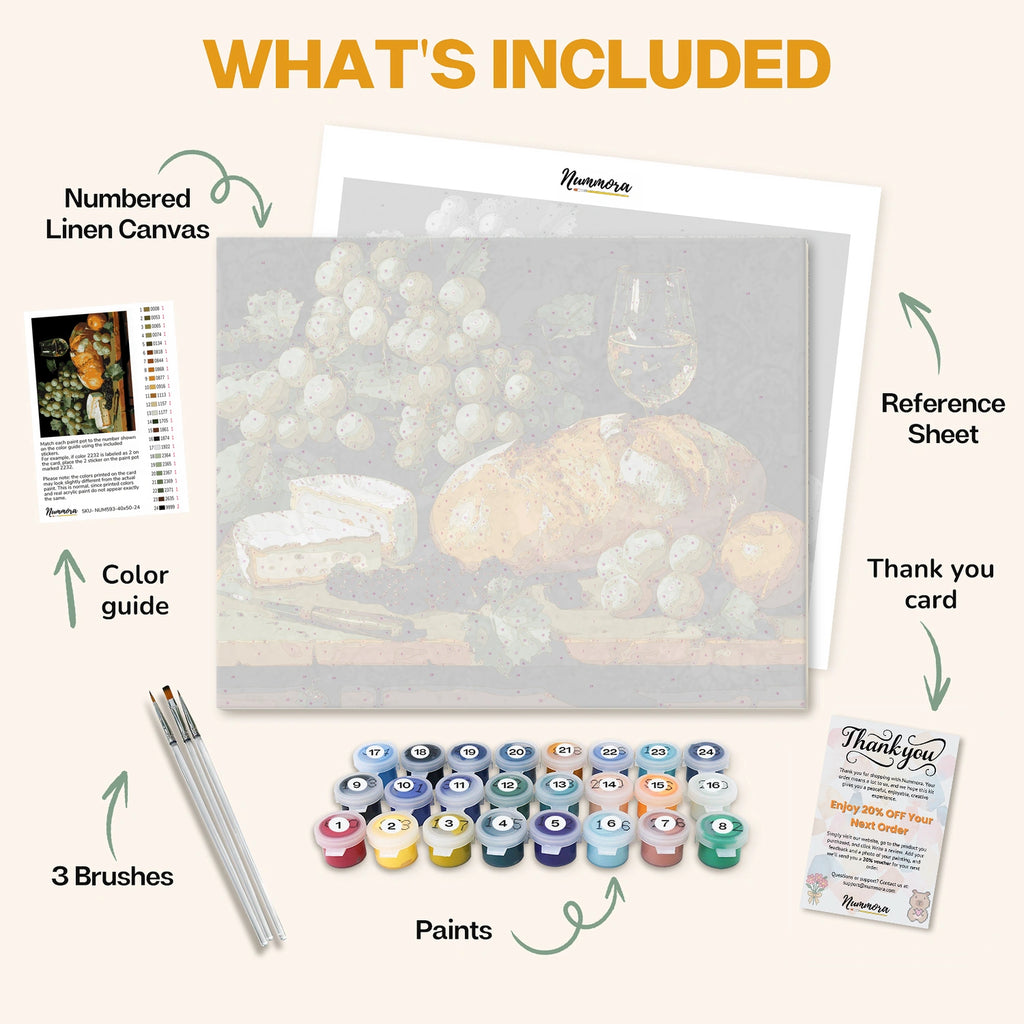What's included in the Gifts of Earth paint by numbers kit: numbered linen canvas, reference sheet, color guide, 24 acrylic paints, 3 brushes and thank you card