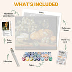 What's included in the Gifts of Earth paint by numbers kit: numbered linen canvas, reference sheet, color guide, 24 acrylic paints, 3 brushes and thank you card