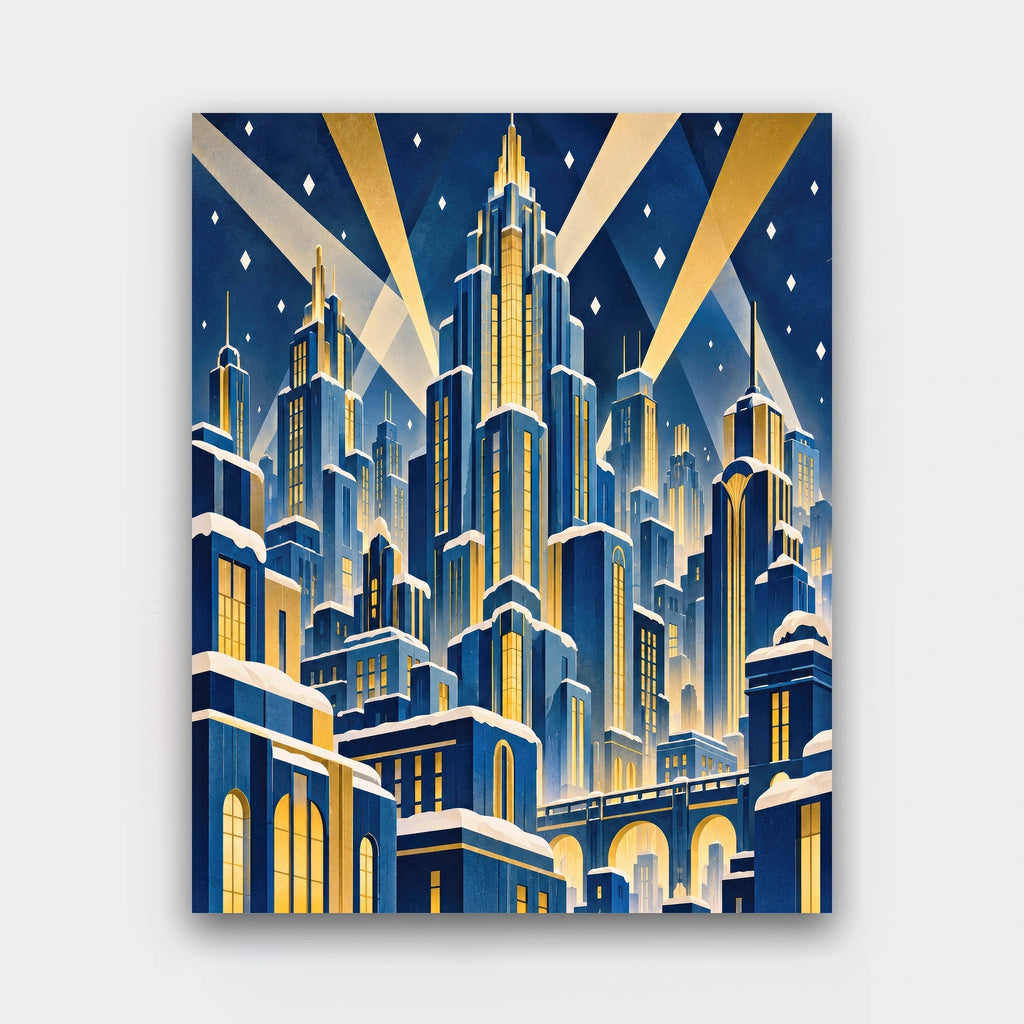 Gilded Winter Skyline paint by numbers kit of an Art Deco city skyline of stepped towers and searchlights in navy and gold with falling snow