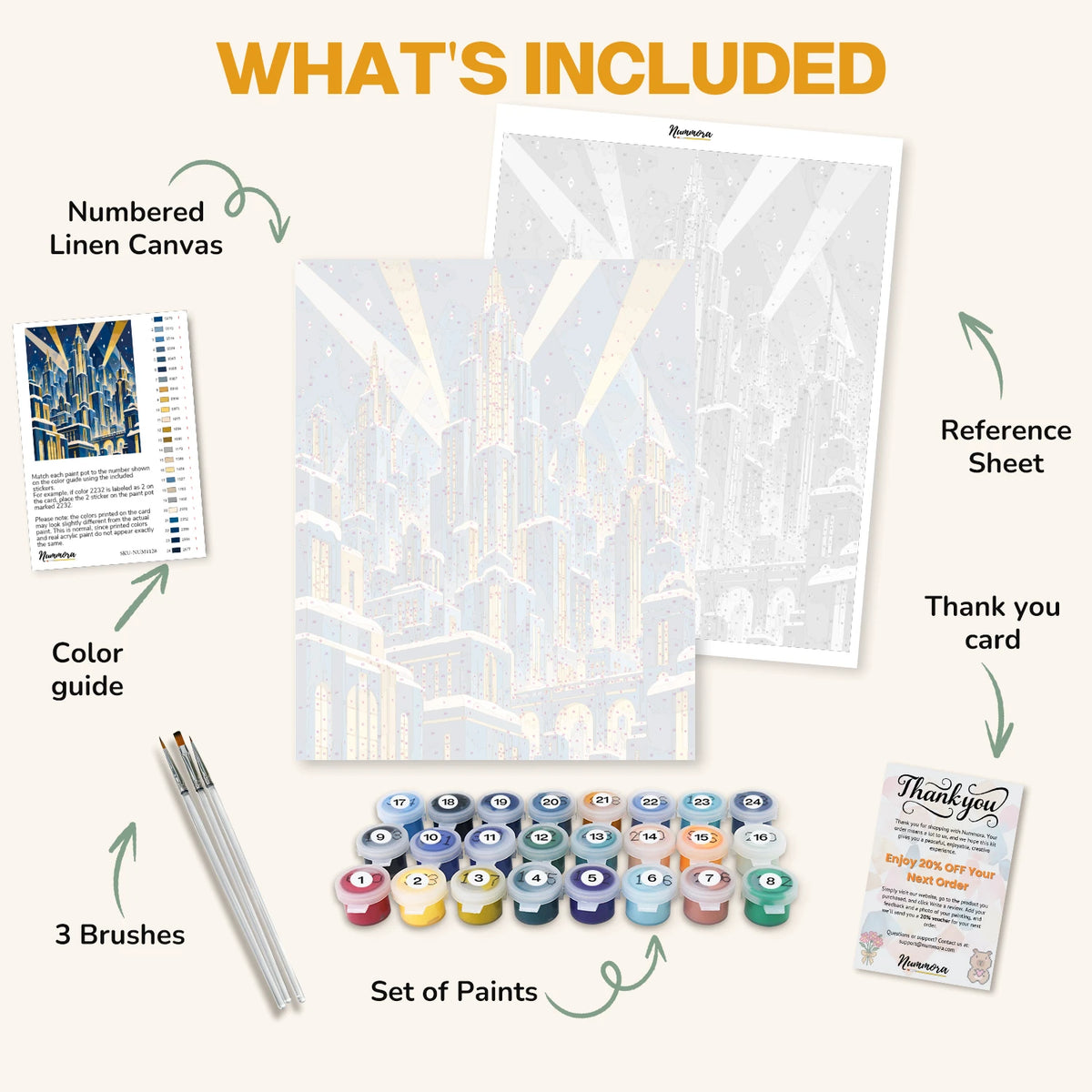 What's included in the Gilded Winter Skyline paint by numbers kit: numbered linen canvas, reference sheet, color guide, 24 acrylic paints, 3 brushes and thank you card