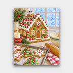 Gingerbread Afternoon paint by numbers kit of a decorated gingerbread house with star and tree cookies, a rolling pin and a frosty window