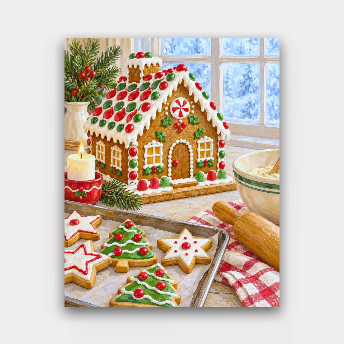 Gingerbread Afternoon paint by numbers kit of a decorated gingerbread house with star and tree cookies, a rolling pin and a frosty window