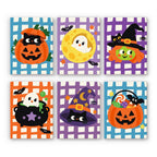 Gingham Halloween mini paint by numbers set: six cute Halloween characters on bold gingham checks with black cats, ghosts, a witch and pumpkins