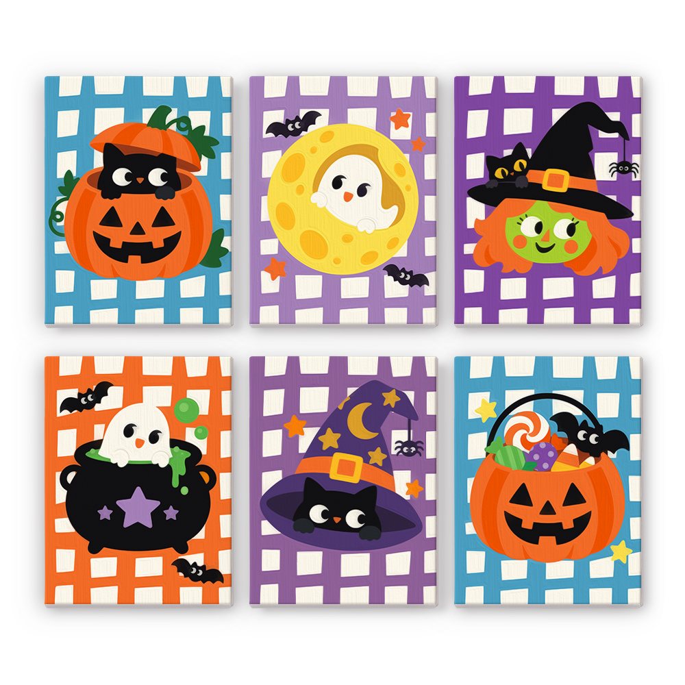 Gingham Halloween mini paint by numbers set: six cute Halloween characters on bold gingham checks with black cats, ghosts, a witch and pumpkins