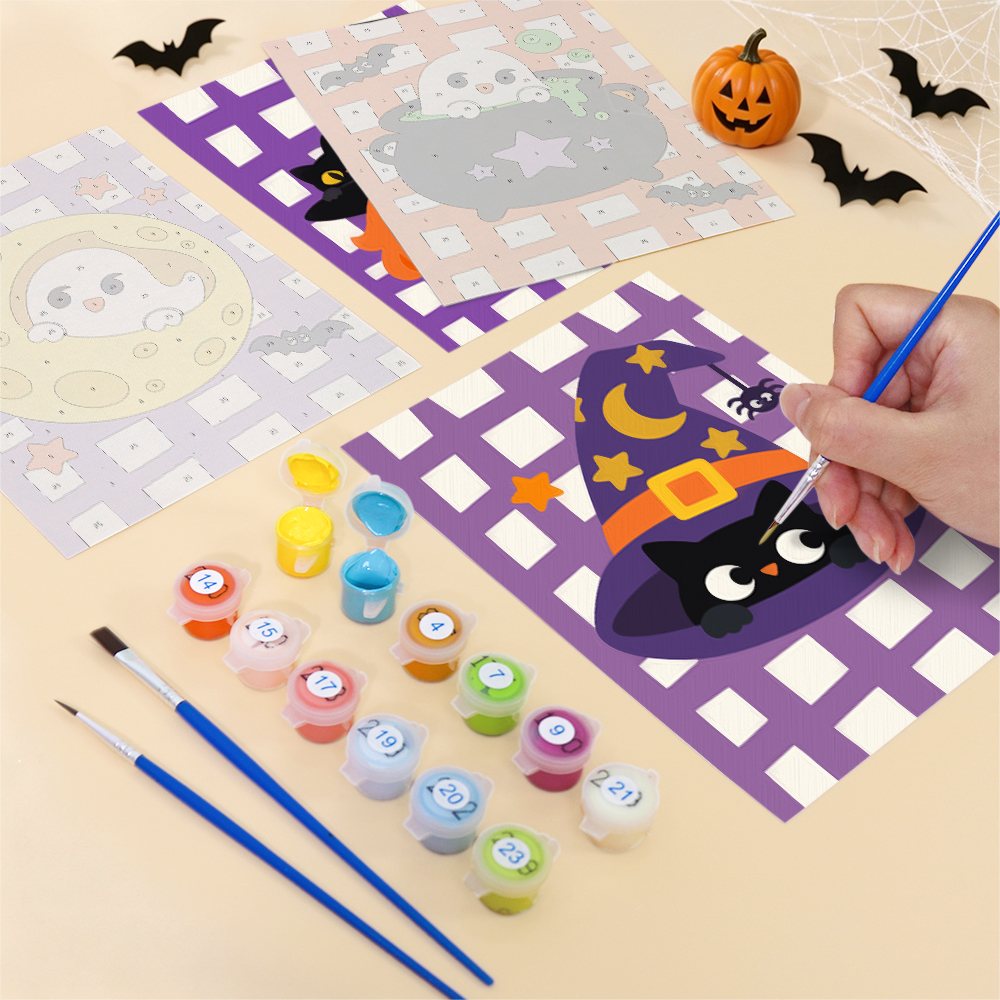 Filling in a Gingham Halloween mini canvas with numbered acrylic paints and a fine brush