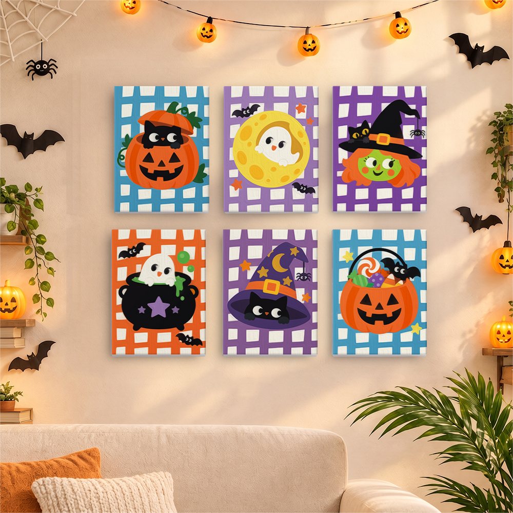 Six finished Gingham Halloween mini paintings hung on a wall above a table